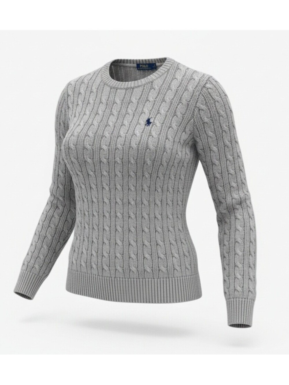 POLO RALPH LAUREN Women Cable Knit Crewneck Sweater Gray Embroidered Pony Size L